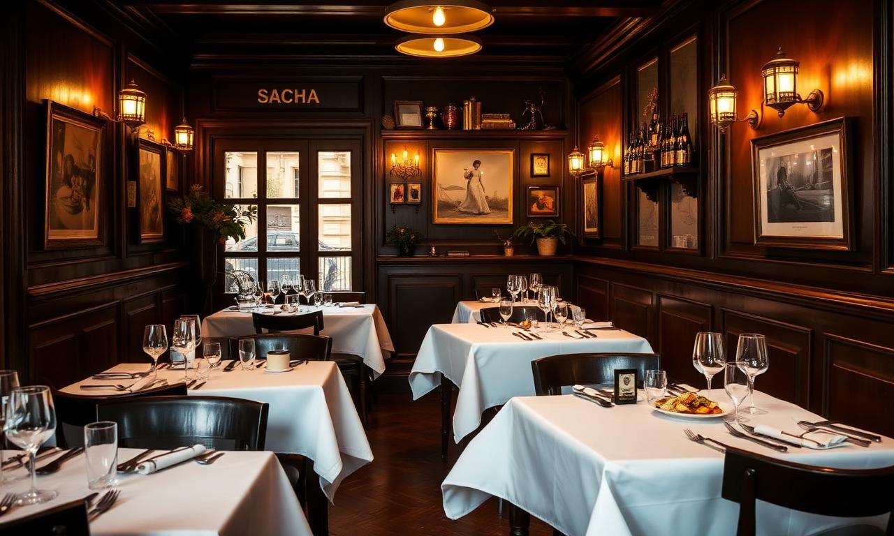 Sacha Madrid intimate traditional bistrot with white tablecloths, warm lamplight, refined Spanish cooking and convivial atmosphere