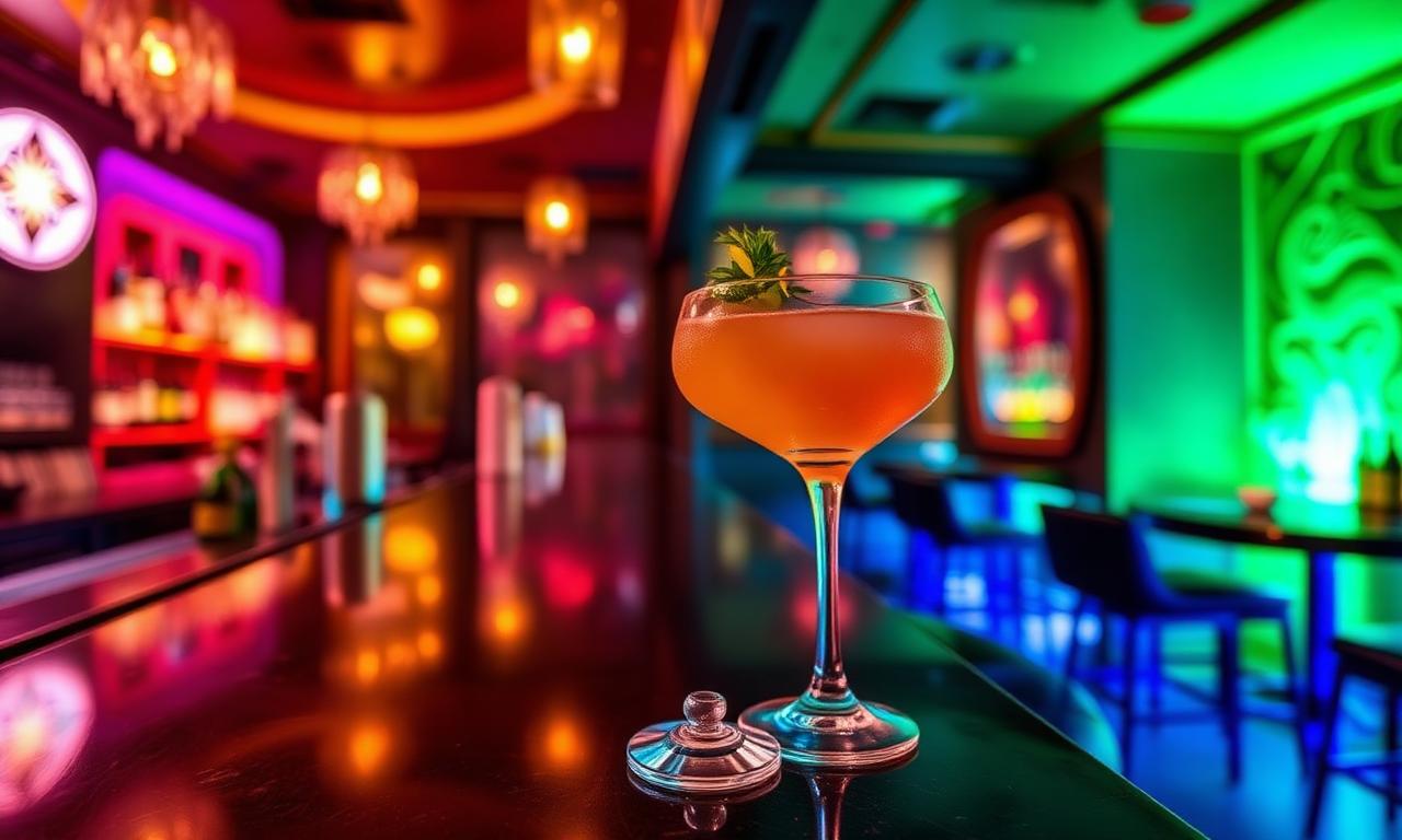 Salmon Guru Madrid theatrical cocktail bar with playful decor, warm dim lighting, refined cocktails and considered service