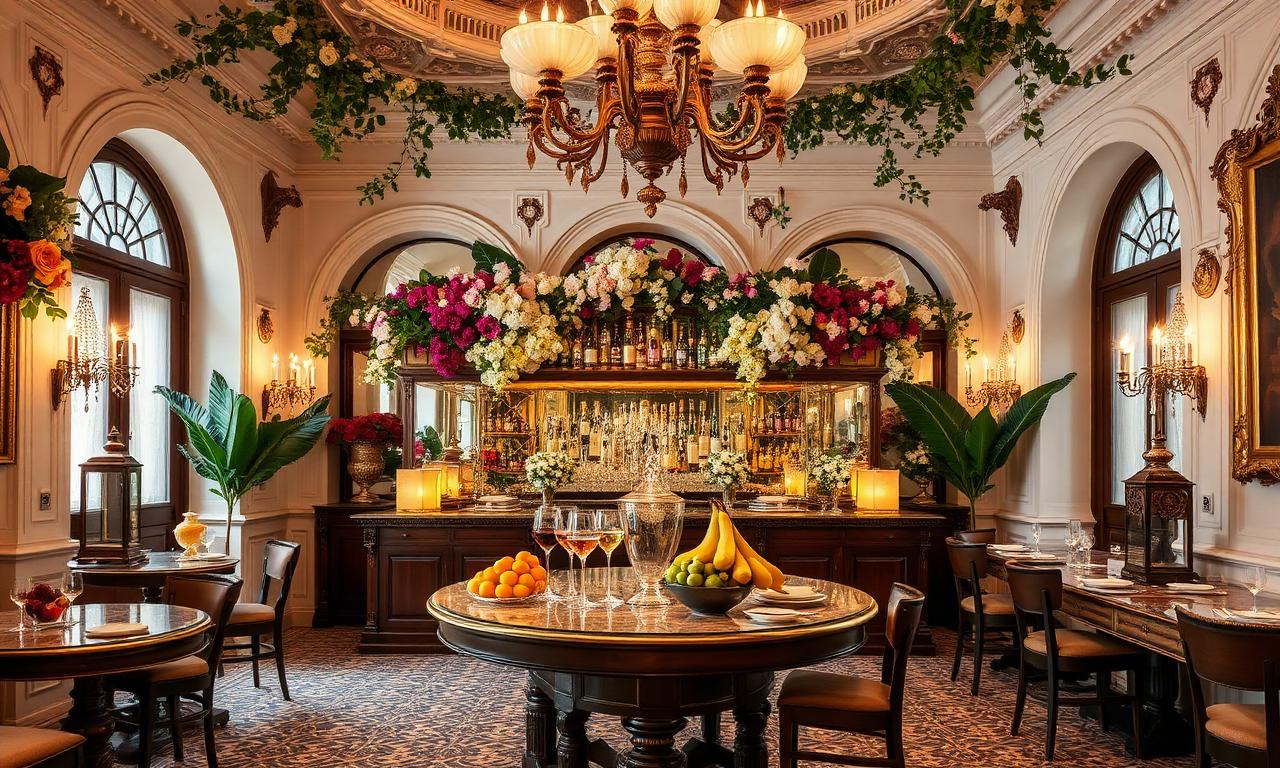 Abaco Palma Mallorca theatrical 17th century palace courtyard cocktail bar with abundant fruit displays, candles and baroque atmosphere