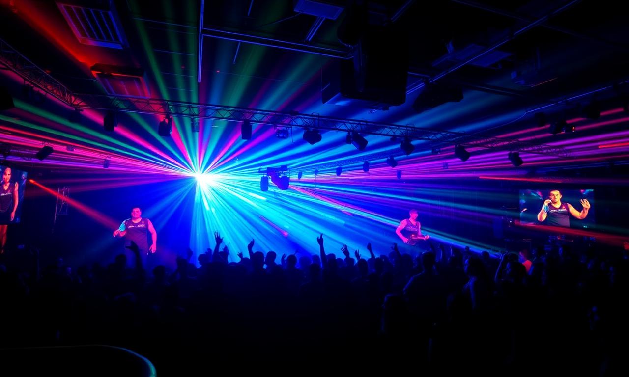 BCM Mallorca superclub interior with dramatic LED lighting, large industrial dance floor and elevated DJ booth