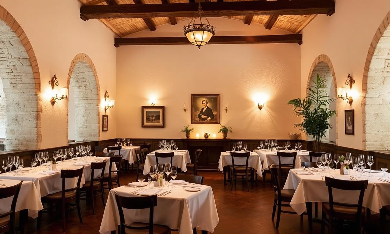 Ca'n Redo Mallorca rustic refined Tramuntana finca dining room with open wood fire, terracotta walls and warm Mediterranean cooking