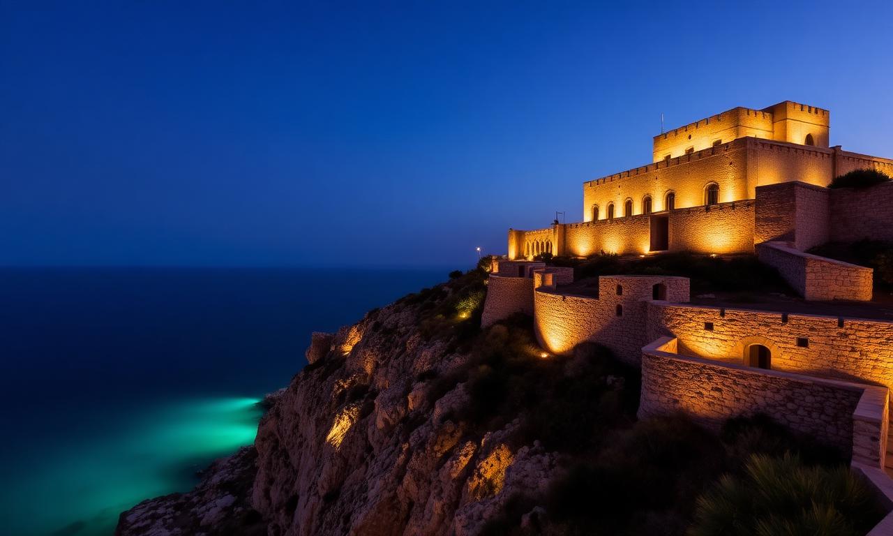 Cap Rocat Mallorca grand 19th century restored fortress hotel above the Bay of Palma at dusk