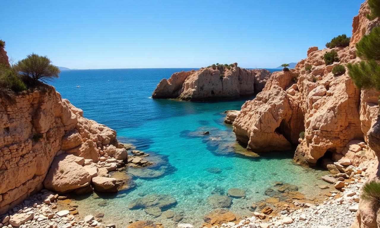 Mallorca east coast hidden quiet cove with pine cliffs, turquoise Mediterranean water and refined sun loungers in golden hour light