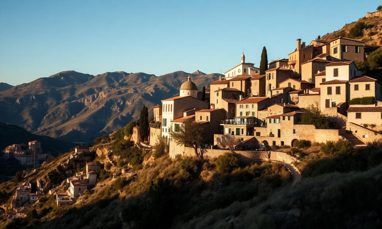 Deia village Mallorca Tramuntana mountain village with stone houses, church on the hill and Mediterranean view in warm afternoon light