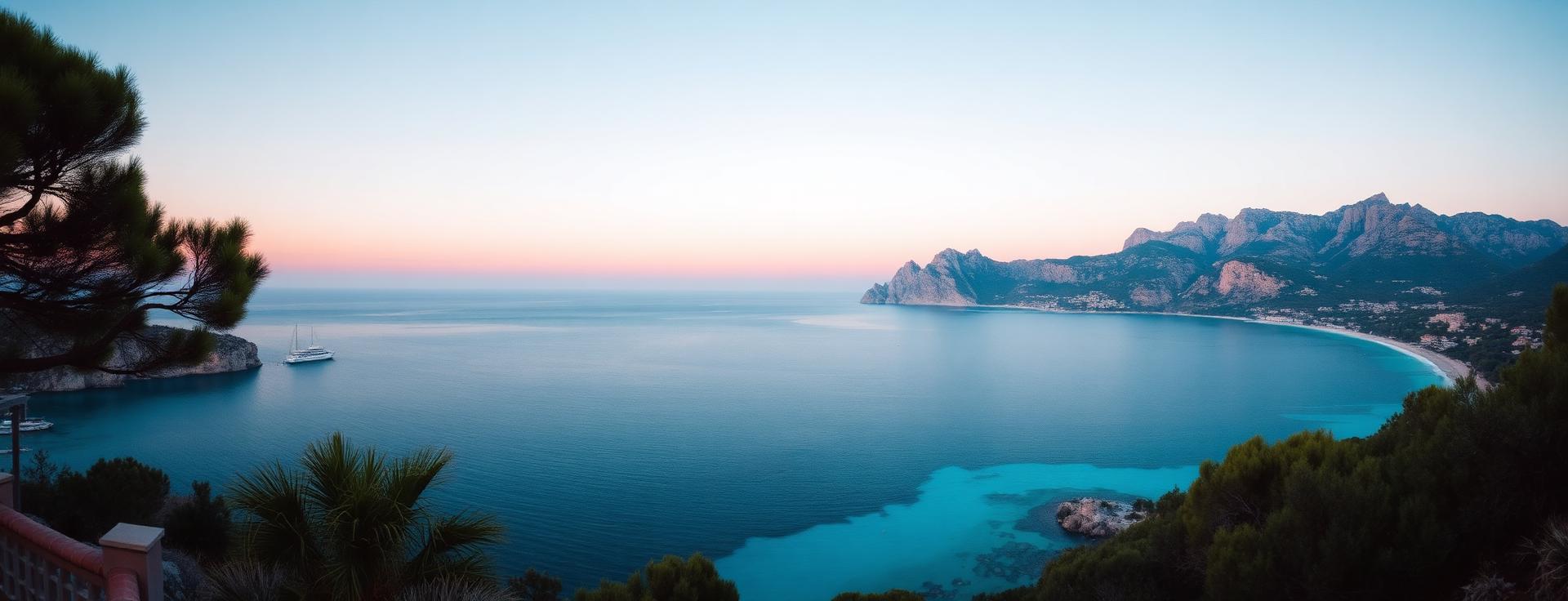 Mallorca panorama at first light with Tramuntana mountains, olive groves and the Mediterranean sea in the distance with soft pastel sunrise