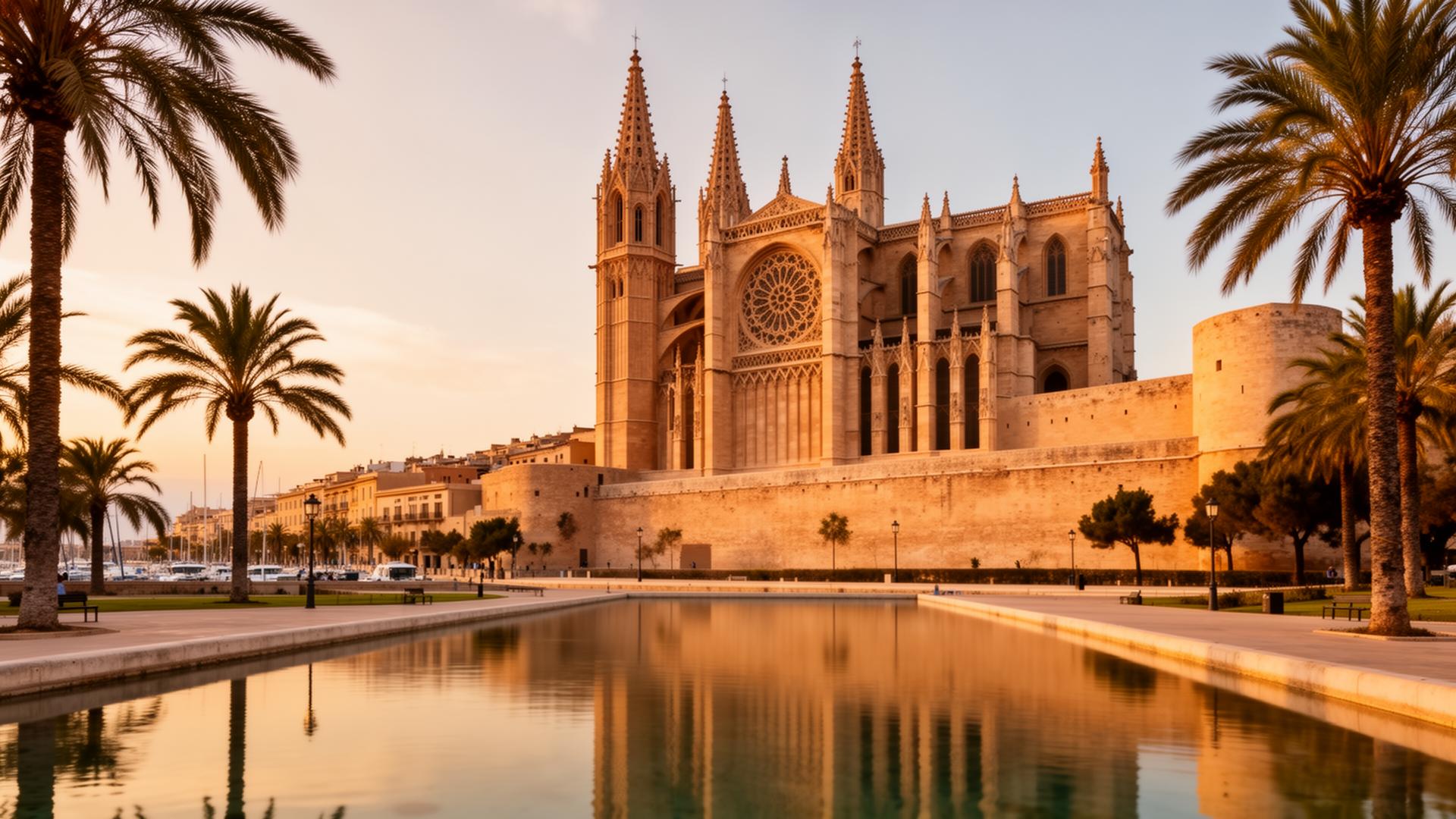 Palma Mallorca old town La Seu Gothic cathedral above bay with refined visitors and warm afternoon light on stone facades