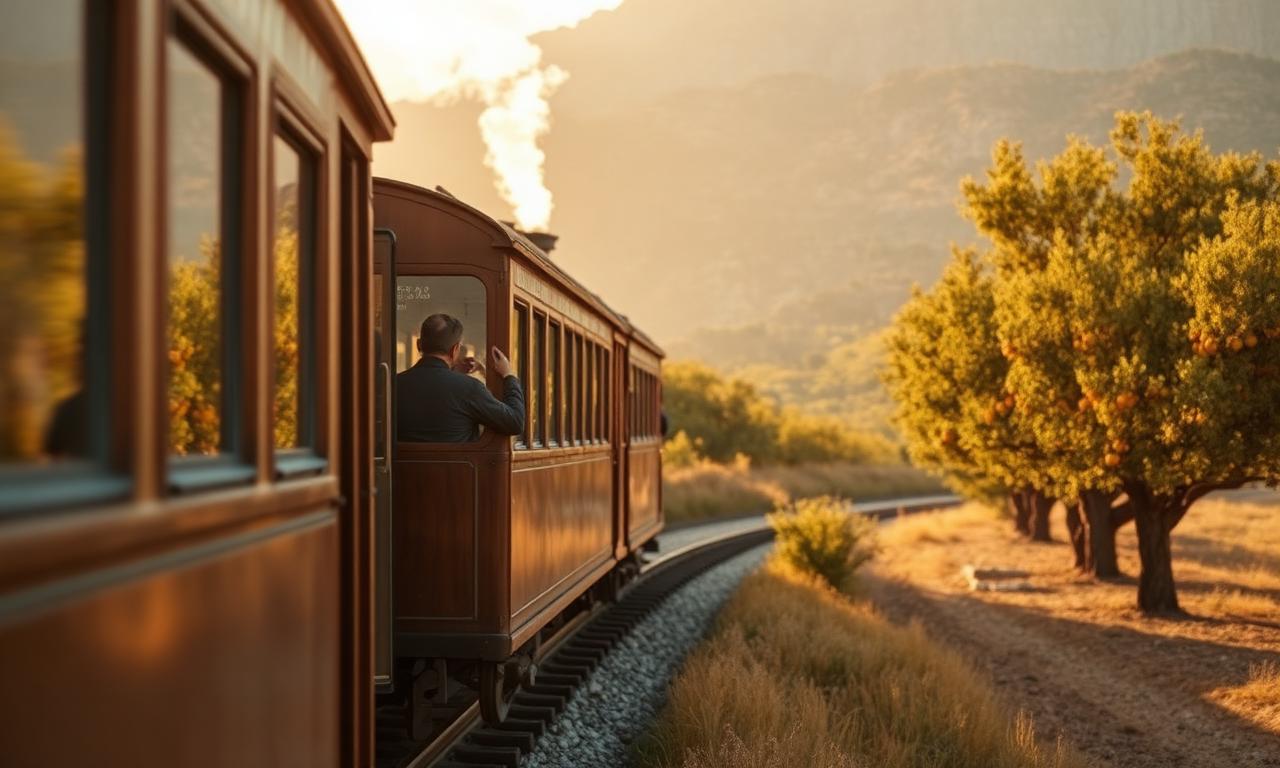 Soller Mallorca historic 1912 wooden train passing through Tramuntana mountains with stone bridges and Mediterranean coastline in warm afternoon light