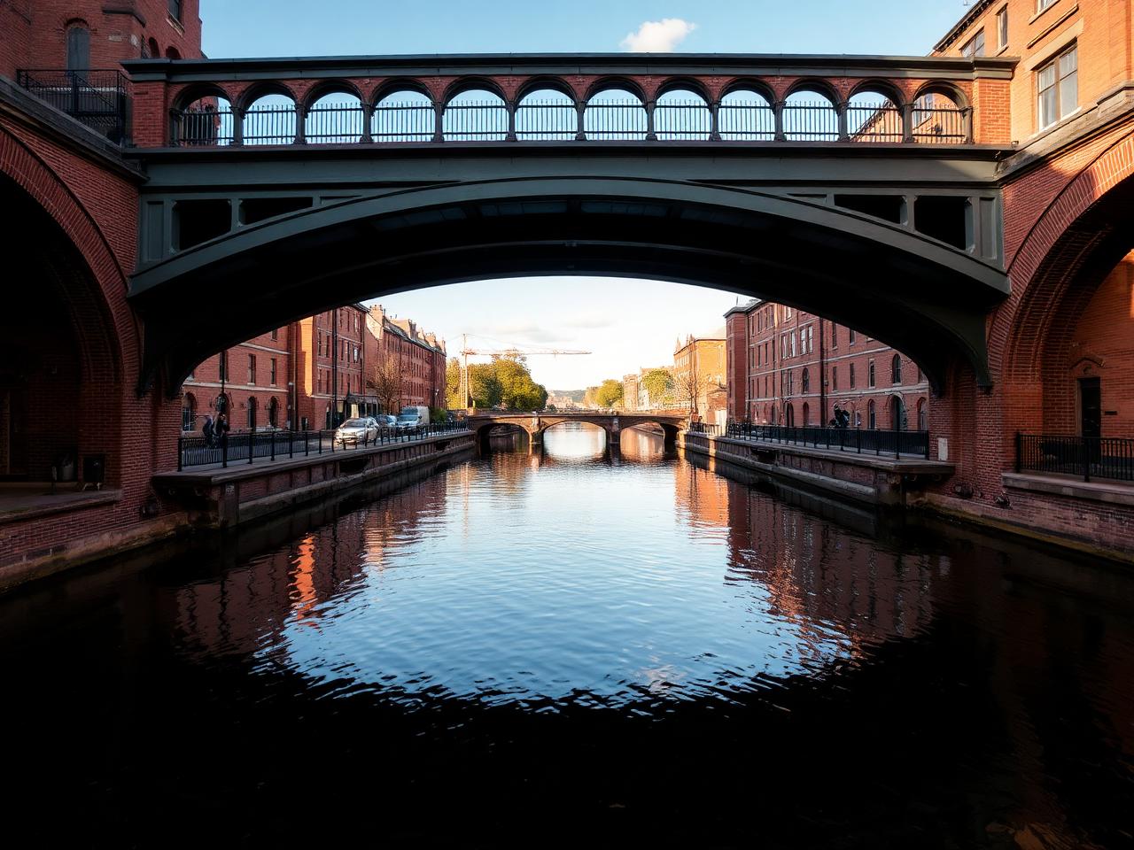 Castlefield Manchester with the historic Roman canal basin, cast-iron Victorian railway viaducts arching overhead and red-brick warehouses reflecting in the water