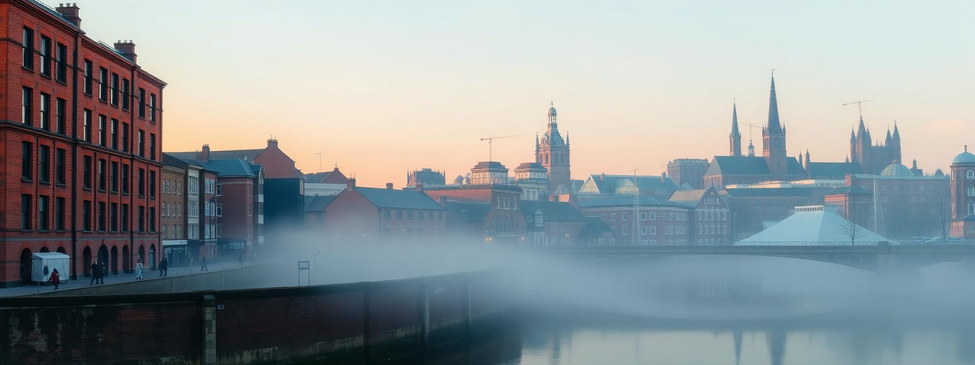 Manchester city skyline at first light with soft pastel sunrise over red-brick warehouses, mist on the Rochdale Canal and gothic spires in the distance