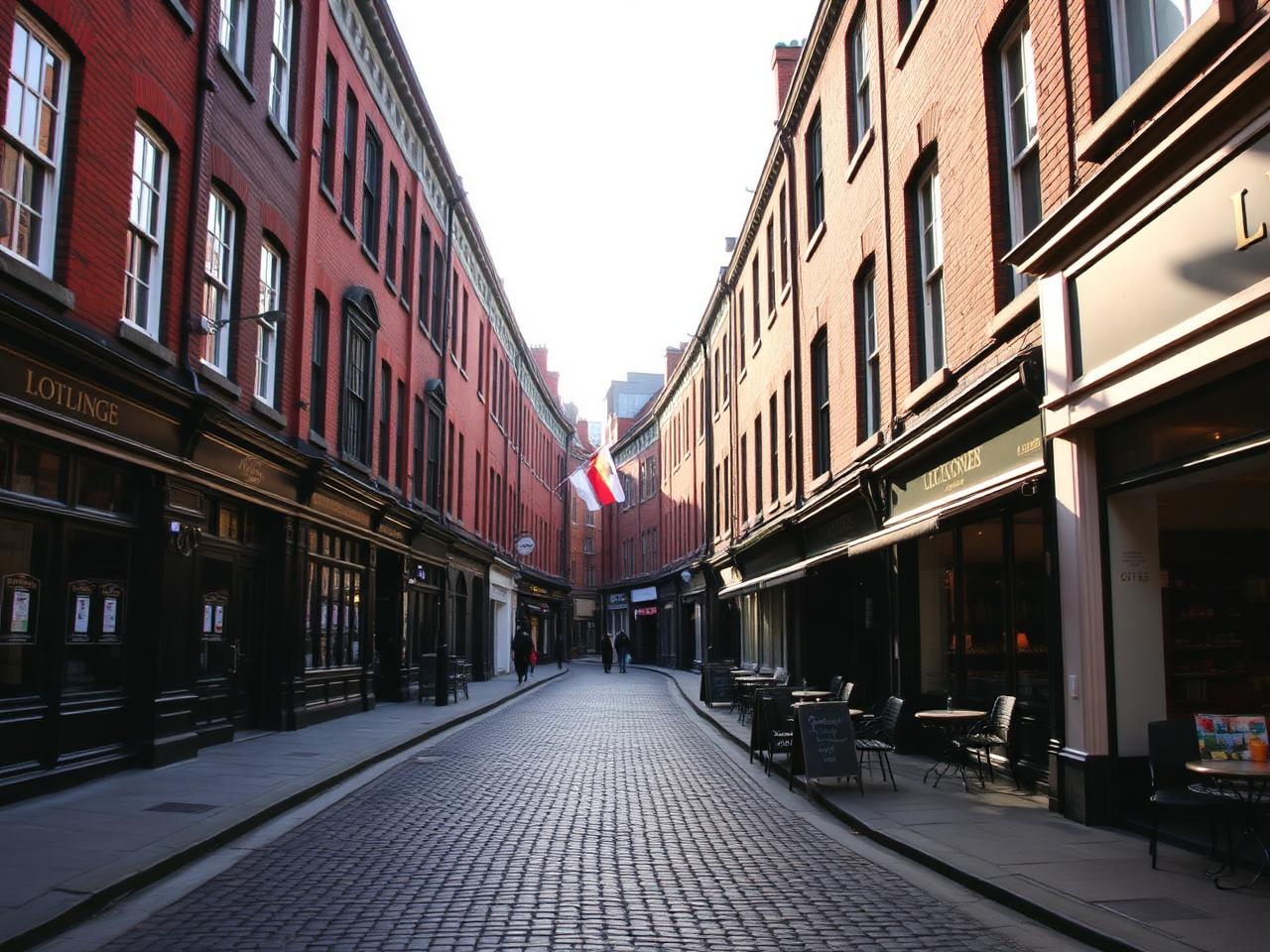 Cobbled street in the Northern Quarter Manchester with red-brick Victorian warehouses, vintage shopfronts and cafe tables outside in soft morning light