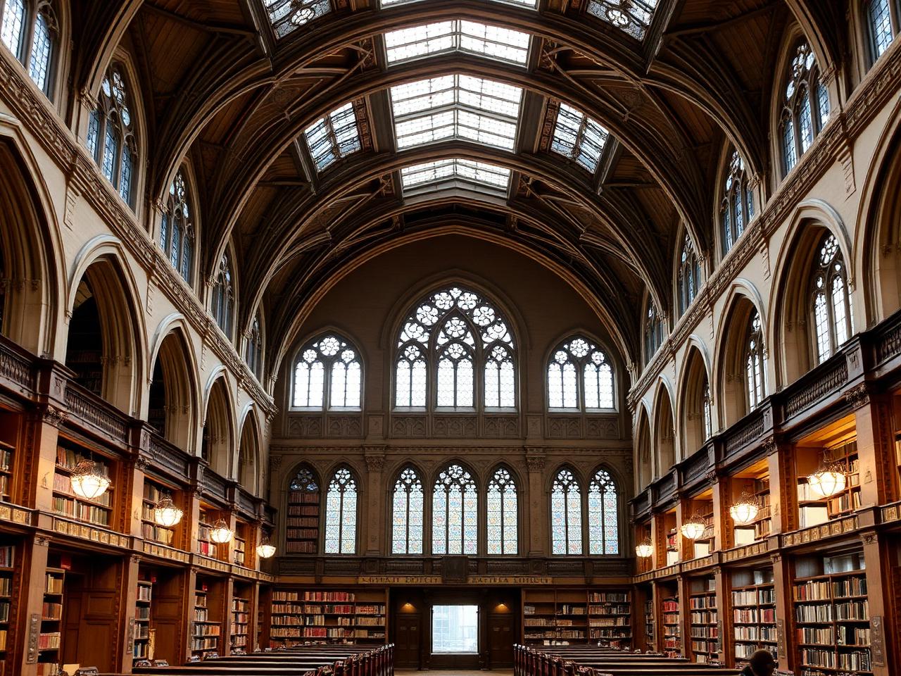 The grand neo-Gothic reading room of John Rylands Library Manchester with sandstone arches, stained glass windows and vaulted ceiling