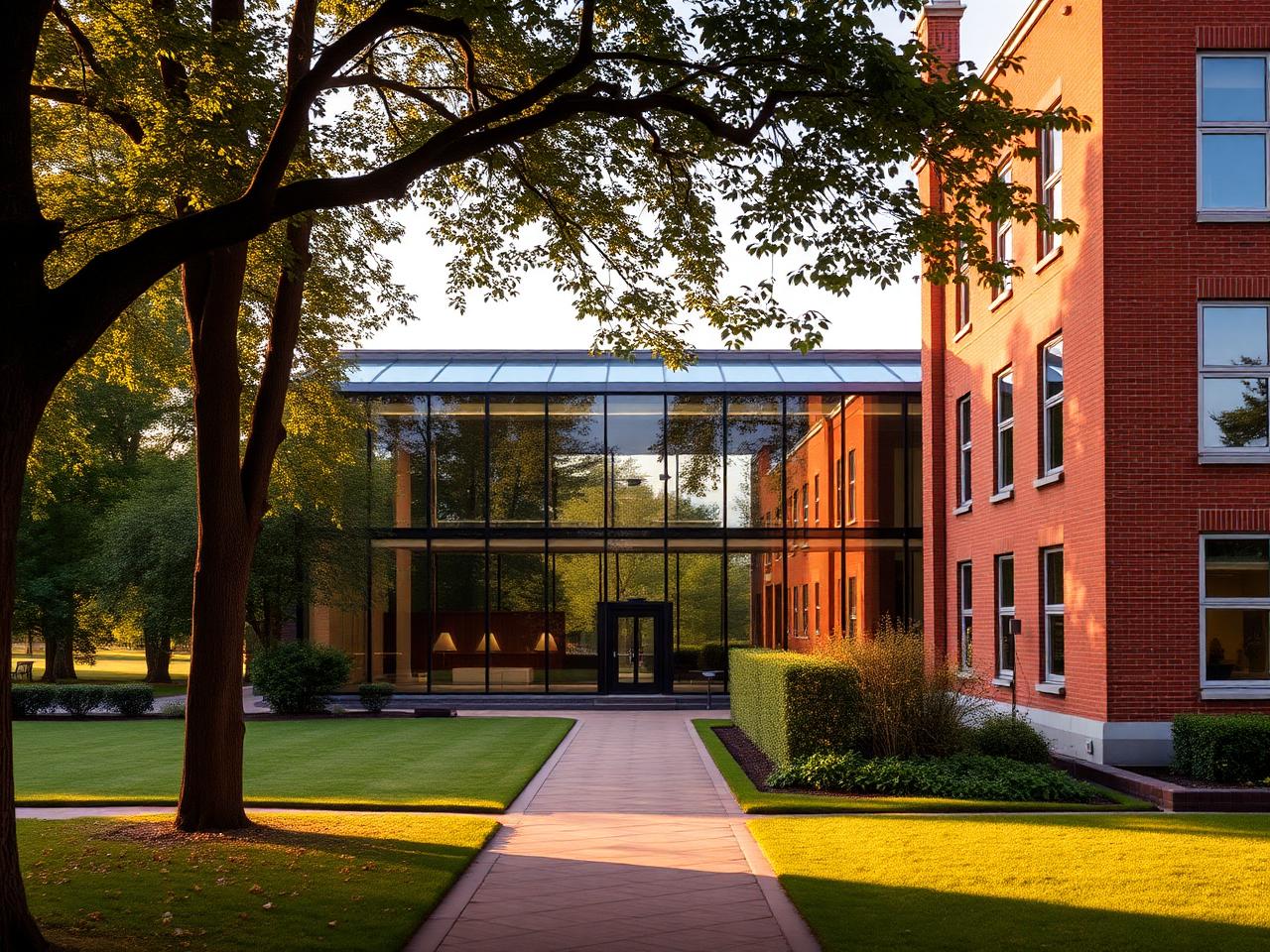 The Whitworth gallery in Manchester with modern glass extension into Whitworth Park, mature trees and red-brick Victorian wing in soft golden hour light