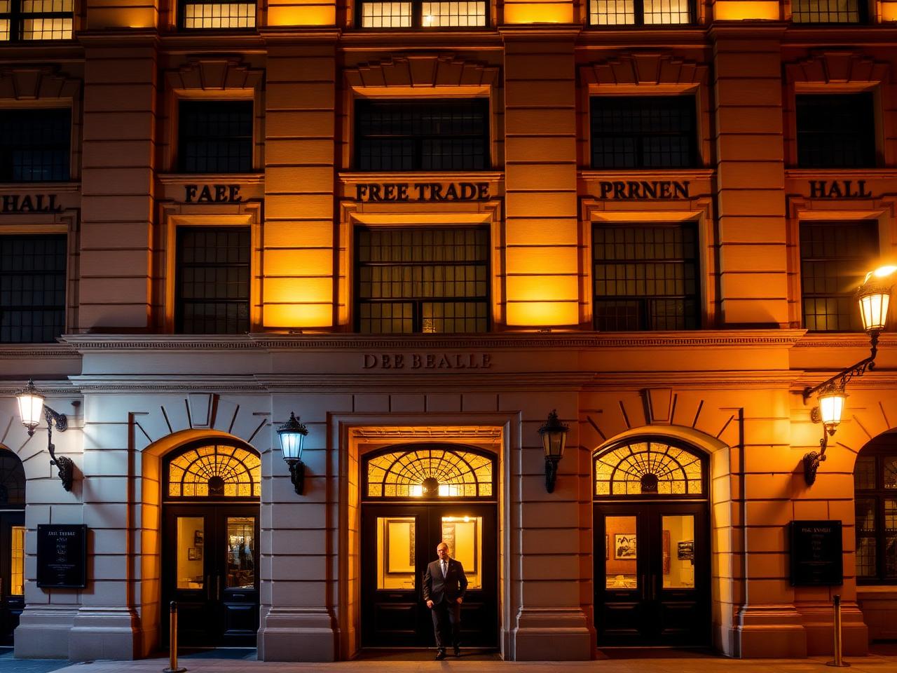 The illuminated Victorian sandstone facade of The Edwardian Manchester hotel at Free Trade Hall on Peter Street at golden hour