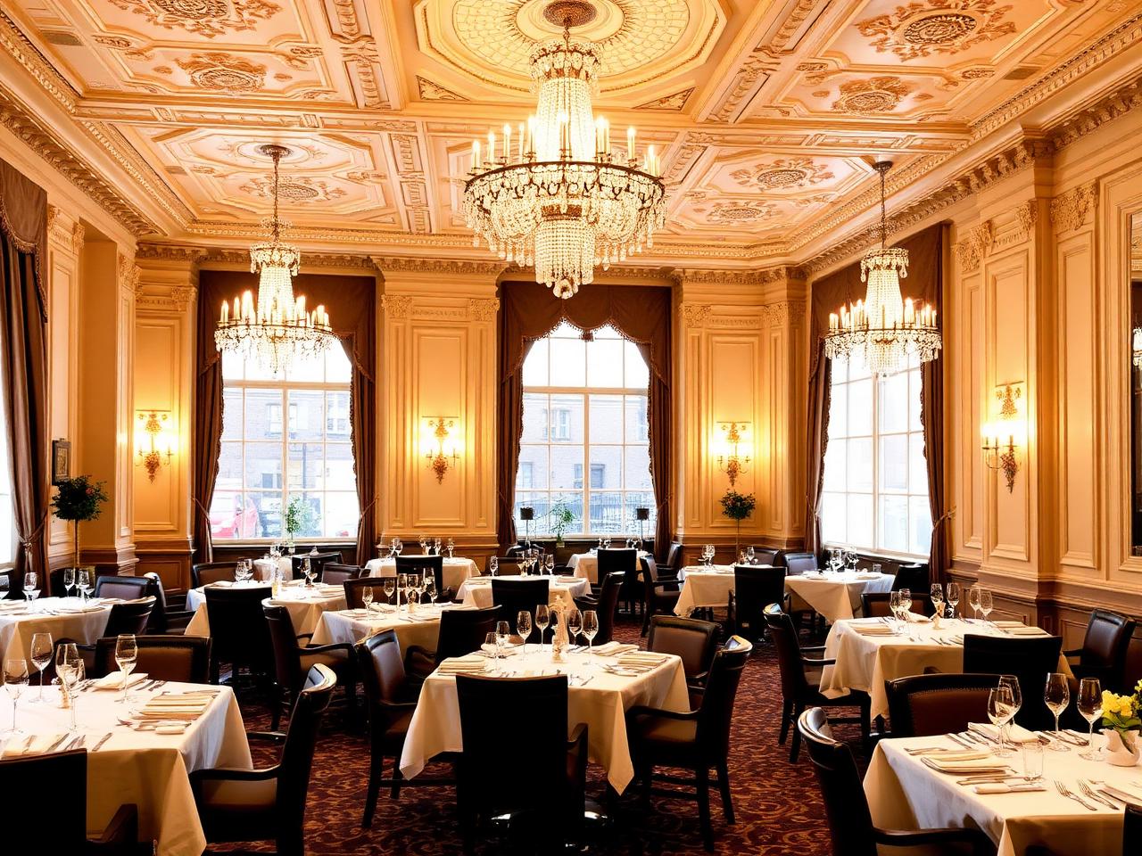 Opulent Edwardian dining room of The French restaurant inside The Midland Hotel Manchester with ornate plasterwork ceiling, crystal chandeliers and white tablecloths