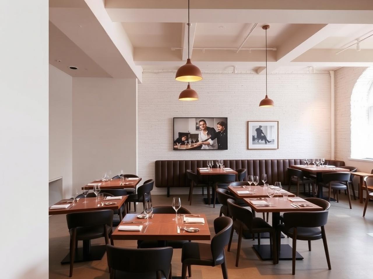 Refined Michelin-starred Ancoats restaurant interior with white painted brick walls, polished wooden tables, leather banquette seating and warm pendant lighting