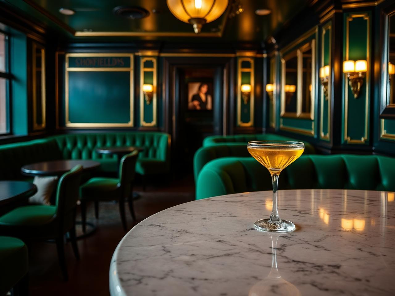 Schofield's Bar Manchester interior with green velvet banquettes, polished brass fittings, marble bar top and a single elegantly served cocktail in a coupe glass