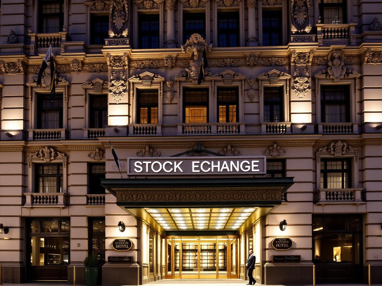 The grand Edwardian baroque facade of Stock Exchange Hotel Manchester at dusk with carved stone and brass details