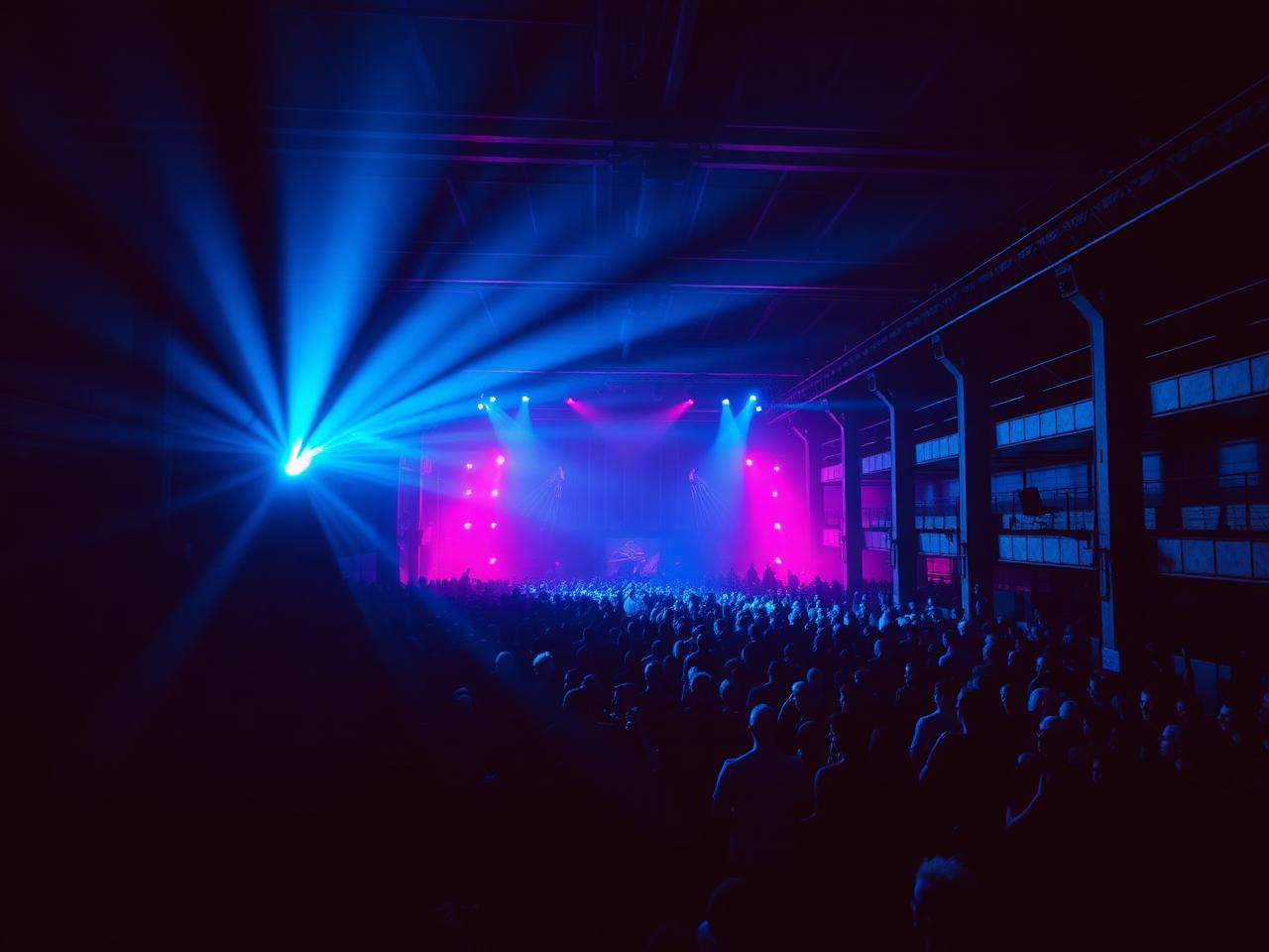 Iconic Manchester warehouse nightclub with a vast industrial space, dramatic blue and magenta stage lighting and a huge crowd dancing in silhouette
