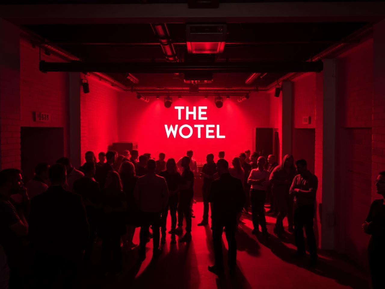 The White Hotel Salford nightclub interior with stripped white walls, dramatic red lighting and a stylish silhouetted crowd