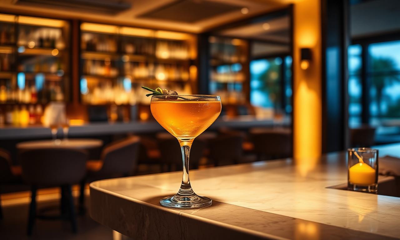 Air by Breathe Marbella refined rooftop cocktail bar at golden hour with views of bay, mountains and elegant lounge seating