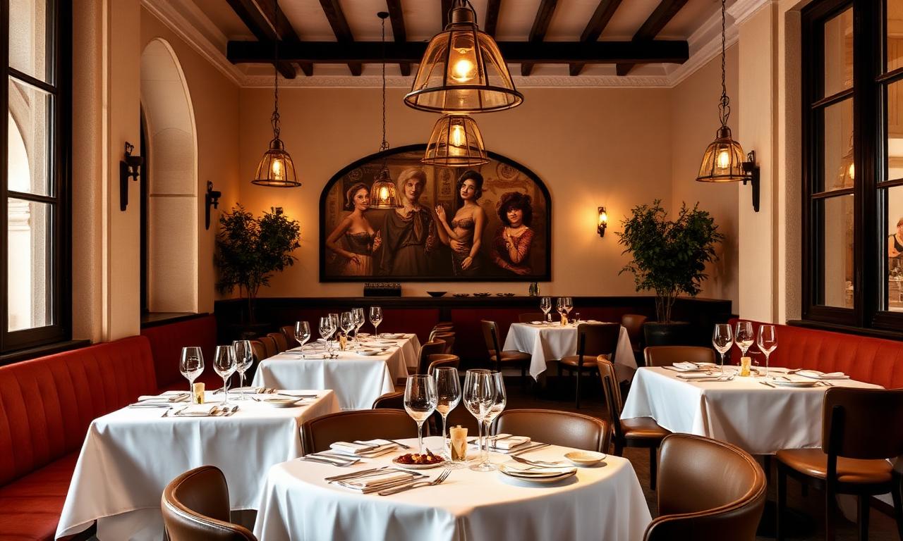 Dani Garcia Marbella refined Andalusian fine dining interior at Puente Romano with elegant table settings, warm pendant lighting and beautifully plated cuisine