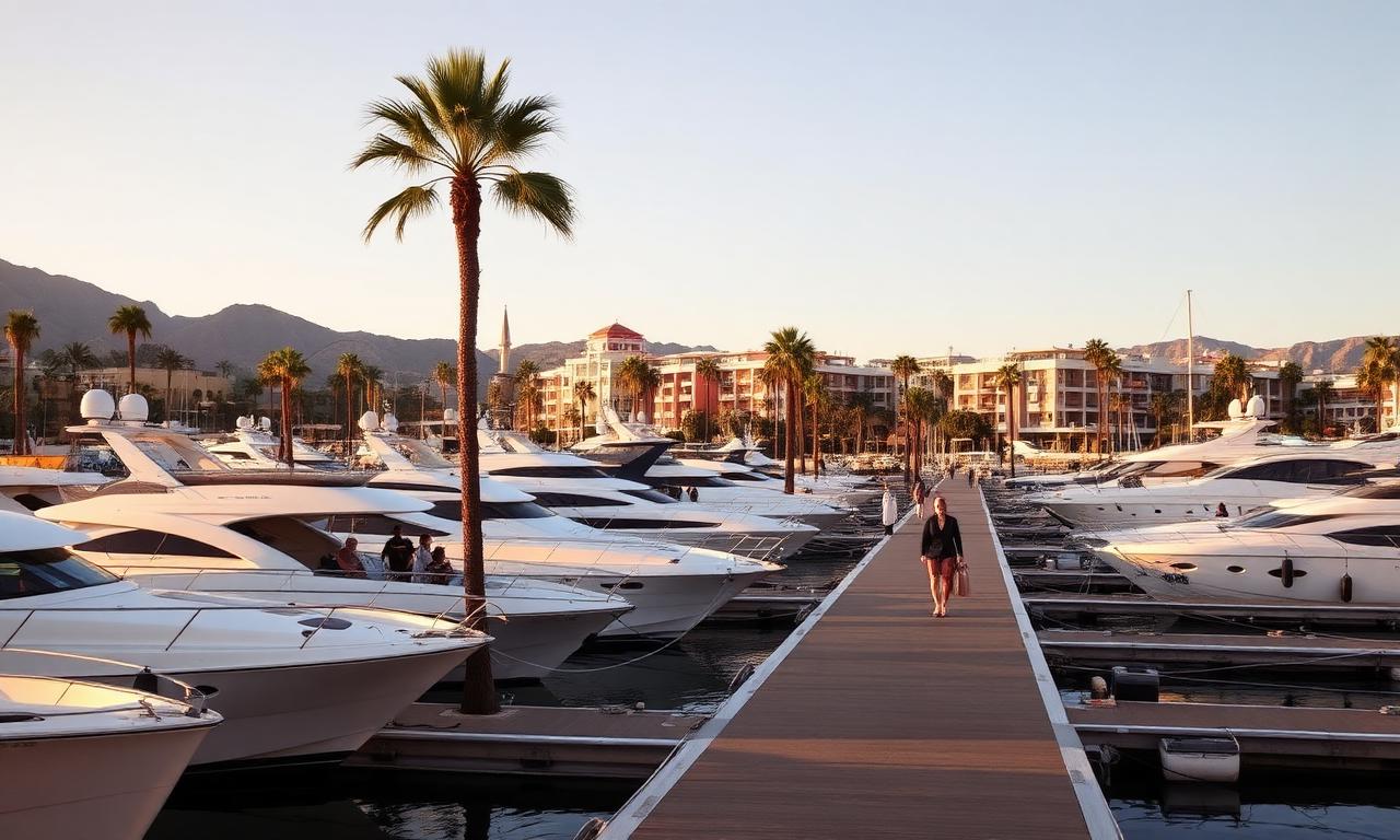 Puerto Banus Marbella luxury marina with refined yachts, boutiques and stylish visitors walking along the waterfront in golden hour light