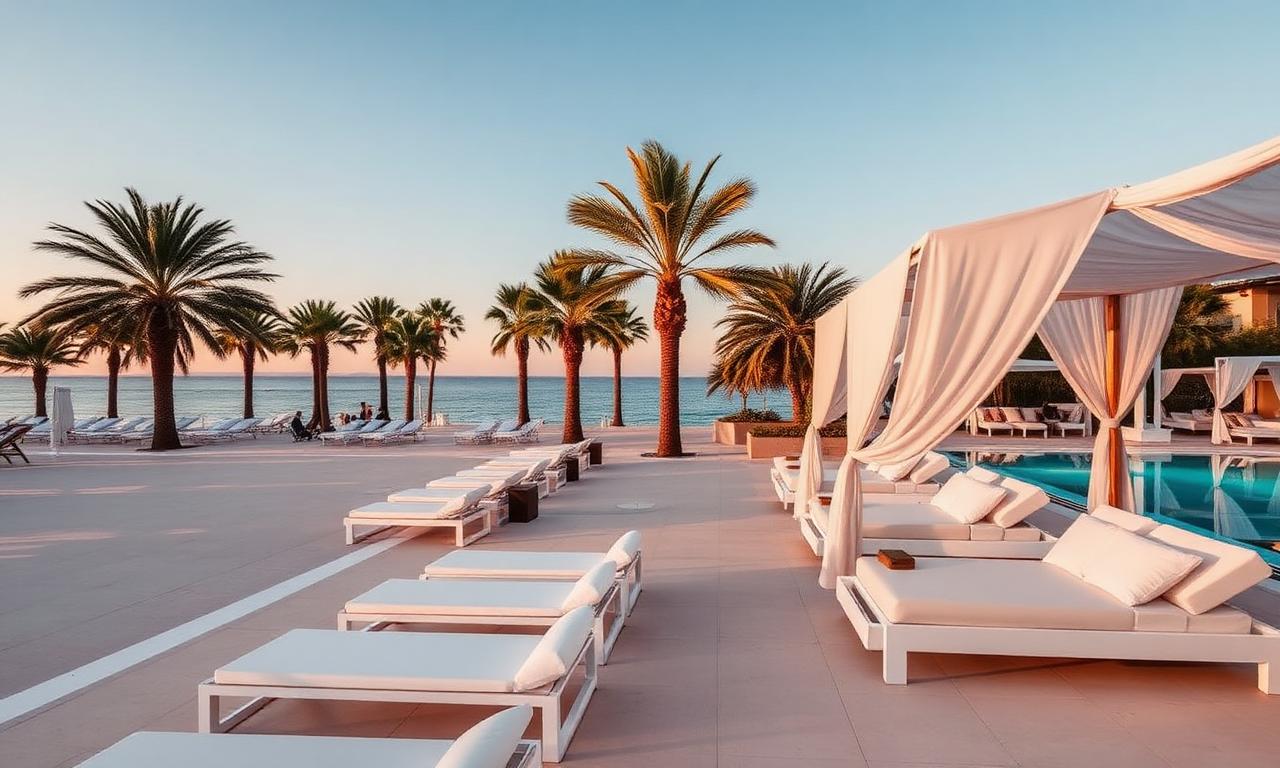 Nikki Beach Marbella refined white on white beach club with sun loungers, parasols and Mediterranean view at golden hour