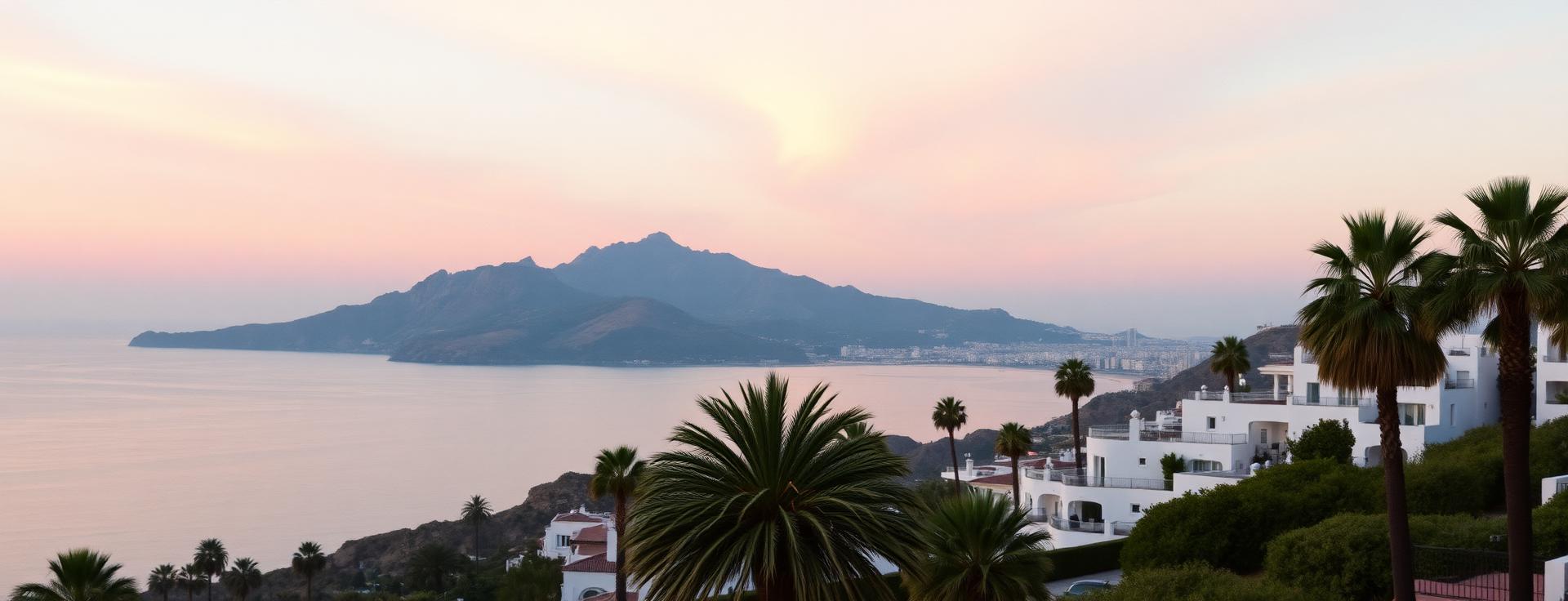 Marbella panorama at first light with the Sierra Blanca mountains, palm trees and the Mediterranean sea in the distance with soft pastel sunrise