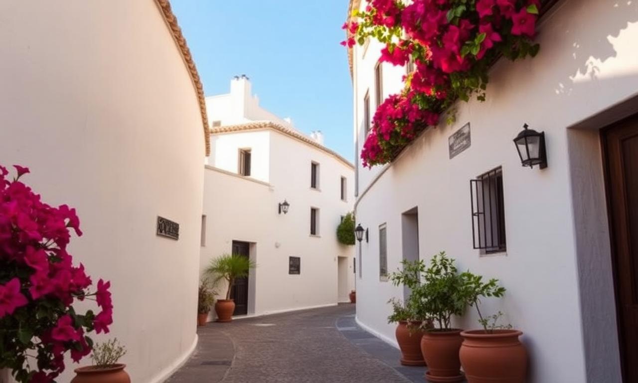 Marbella old town casco antiguo with whitewashed walls, Plaza de los Naranjos orange trees and refined visitors in warm afternoon light