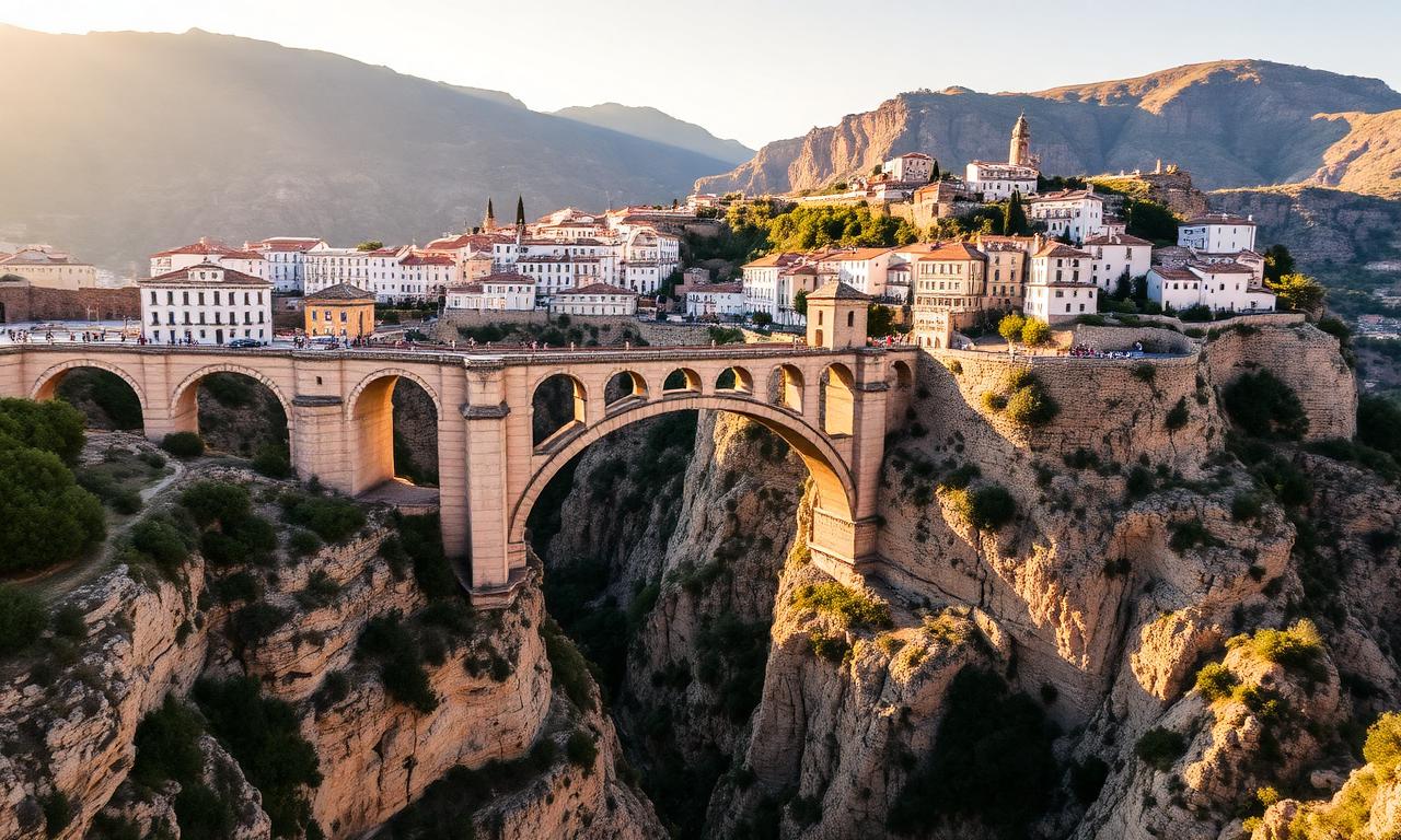 Ronda Spain dramatic white village on the cliff with Puente Nuevo bridge over the El Tajo gorge in warm afternoon light
