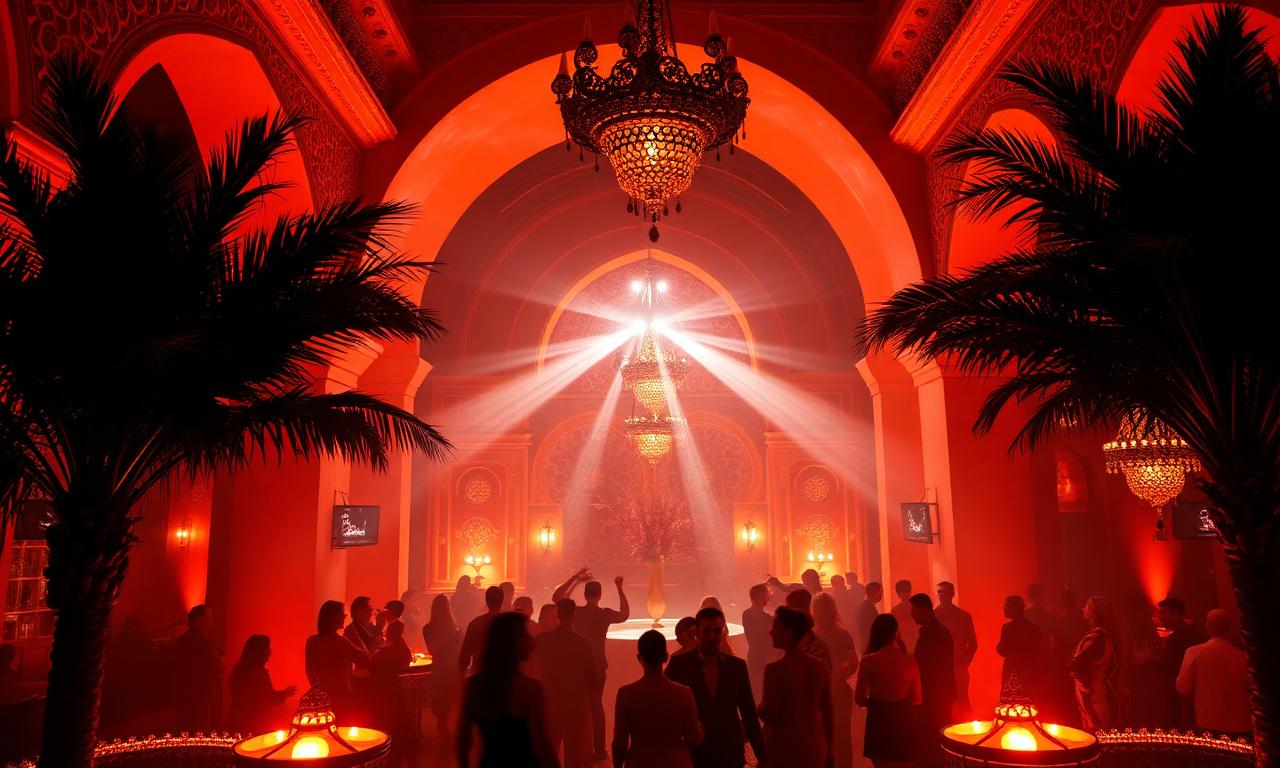 Olivia Valere Marbella iconic Moorish palace nightclub with theatrical lanterns, fountains, refined late night atmosphere and warm dim lighting