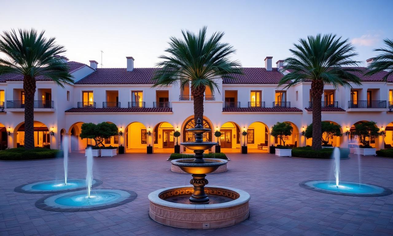 Puente Romano Beach Resort Marbella Golden Mile grand Andalusian style luxury hotel with white facades, lush tropical gardens and refined poolside loungers