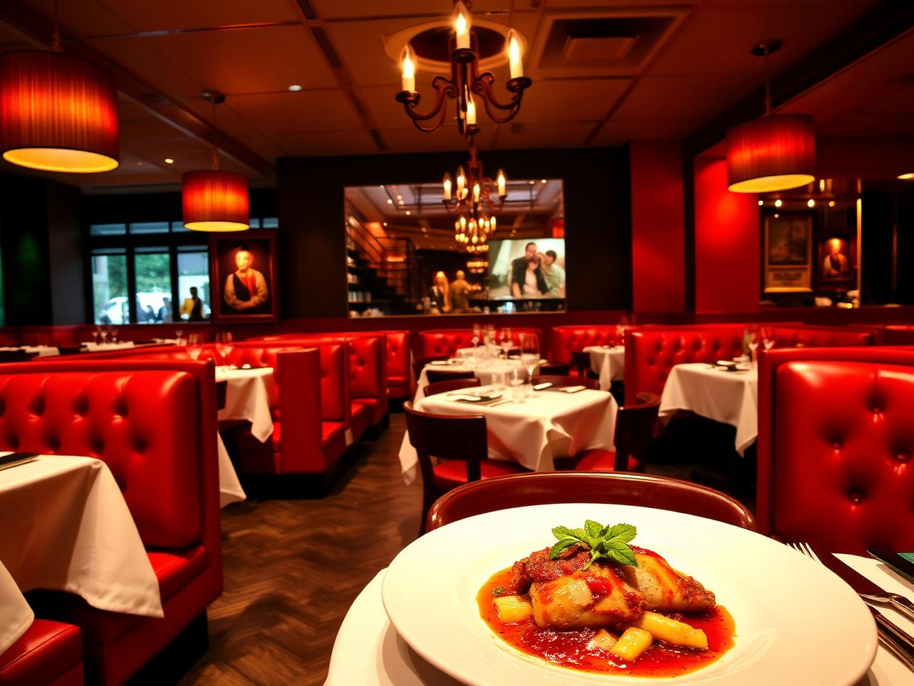 Glamorous Italian-American dining room with red leather banquettes, white tablecloths and a beautifully plated entree