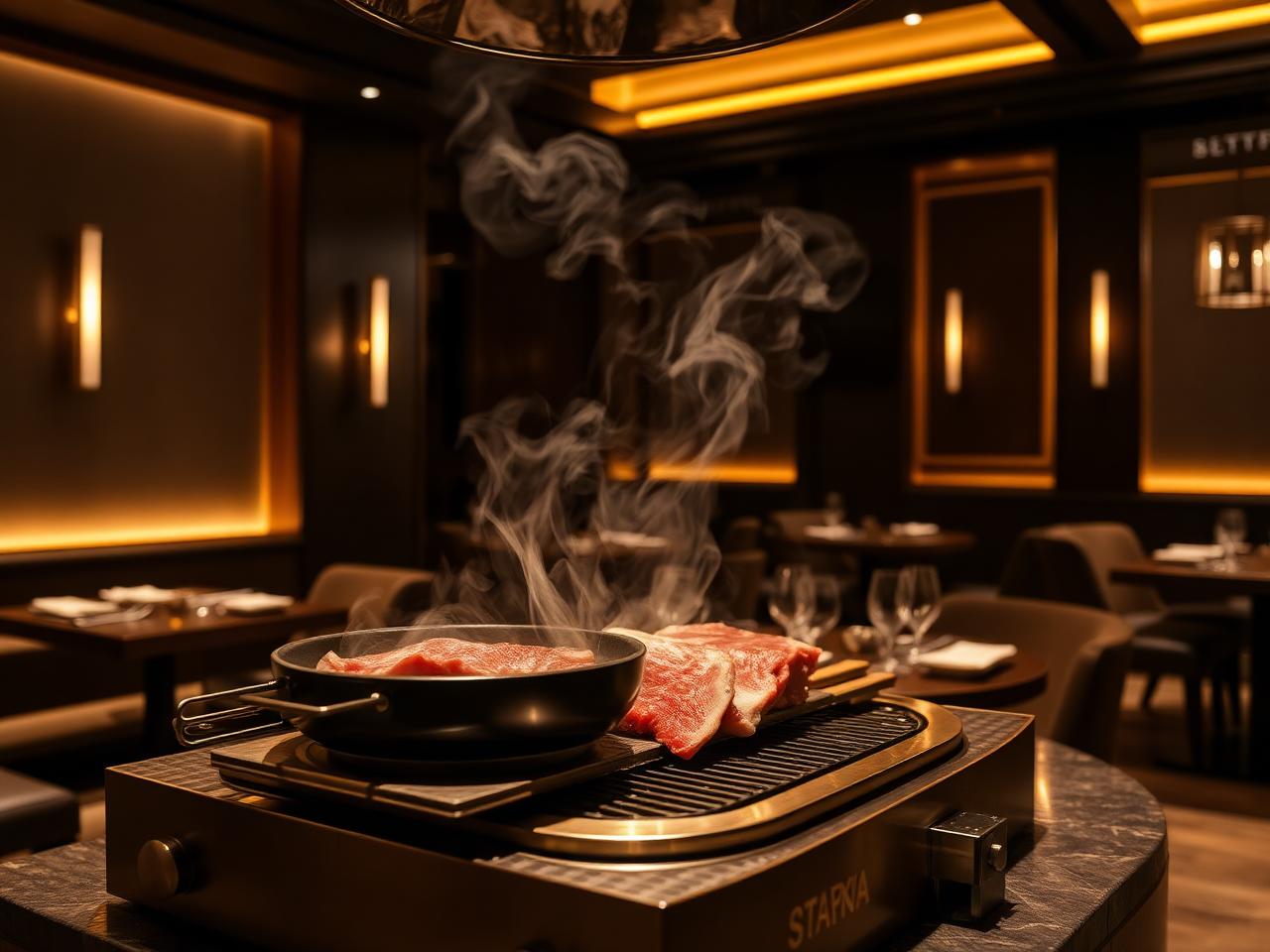 Refined Korean steakhouse interior with tabletop grill, wagyu beef and warm amber lighting