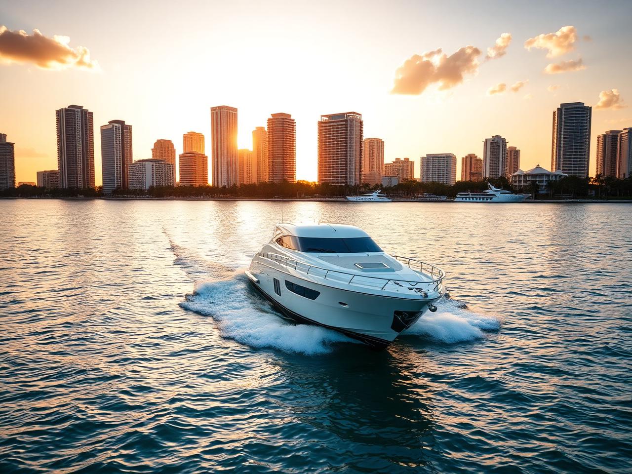 Luxury yacht cruising on Biscayne Bay at golden hour with the Miami skyline in the background