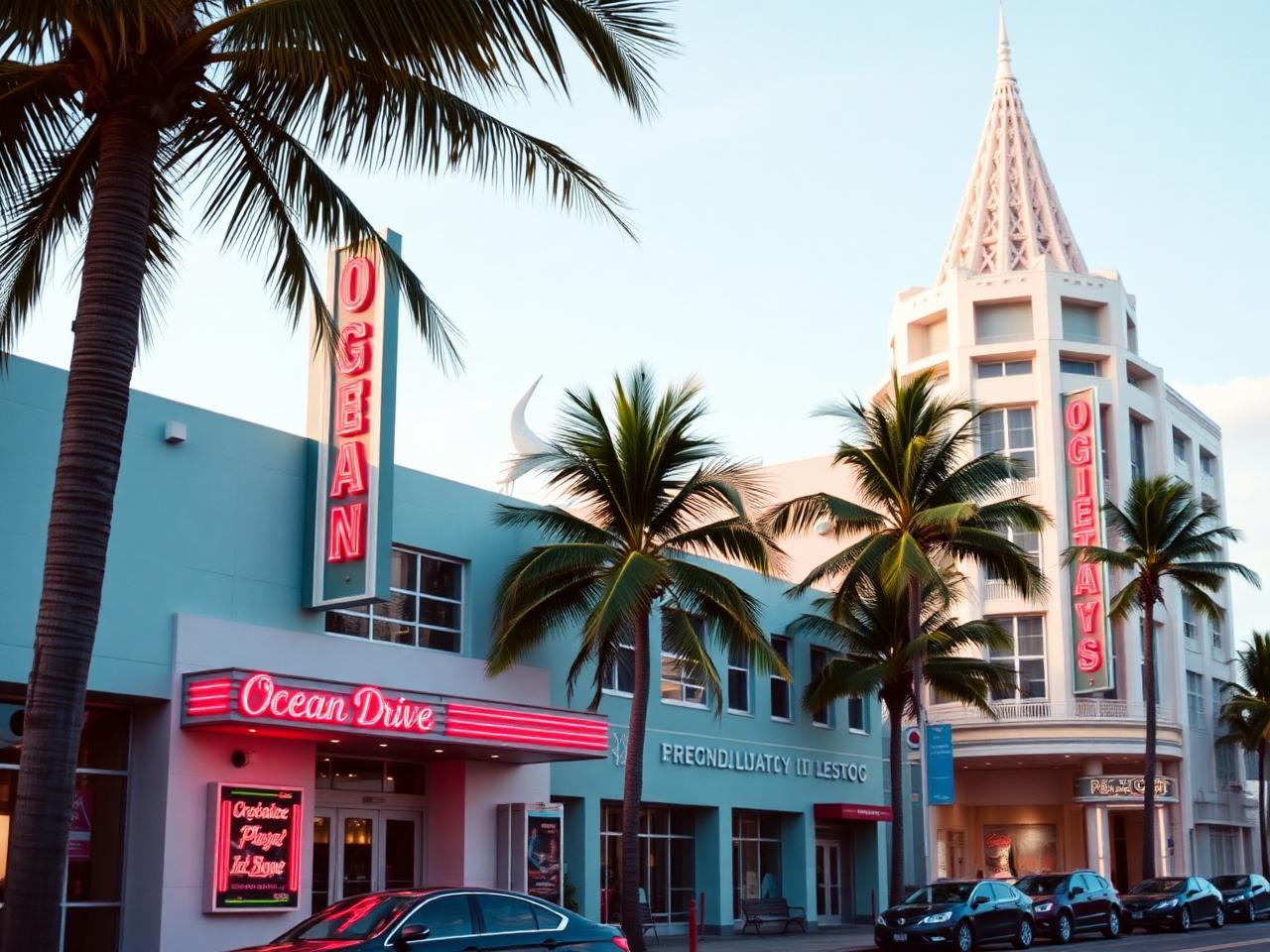 Colorful pastel art deco architecture on Ocean Drive Miami Beach with palm trees and vintage neon signs