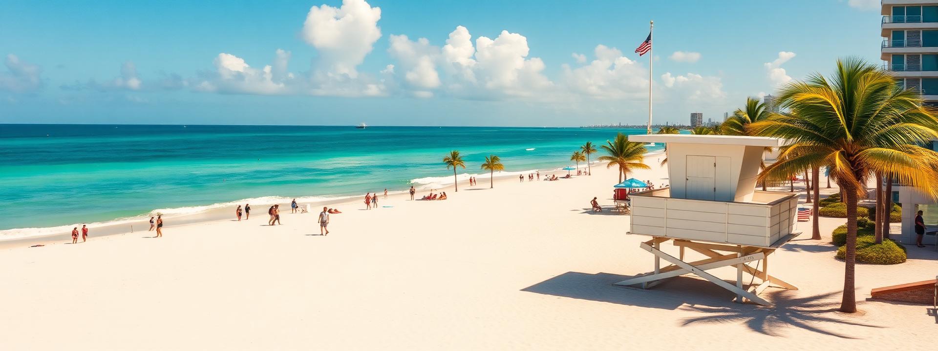 South Beach Miami at midday with turquoise water, white sand, art deco lifeguard tower and palm trees
