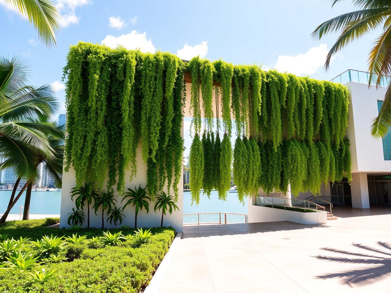 Modern Pérez Art Museum exterior with hanging vertical gardens, palm trees and Biscayne Bay in the background