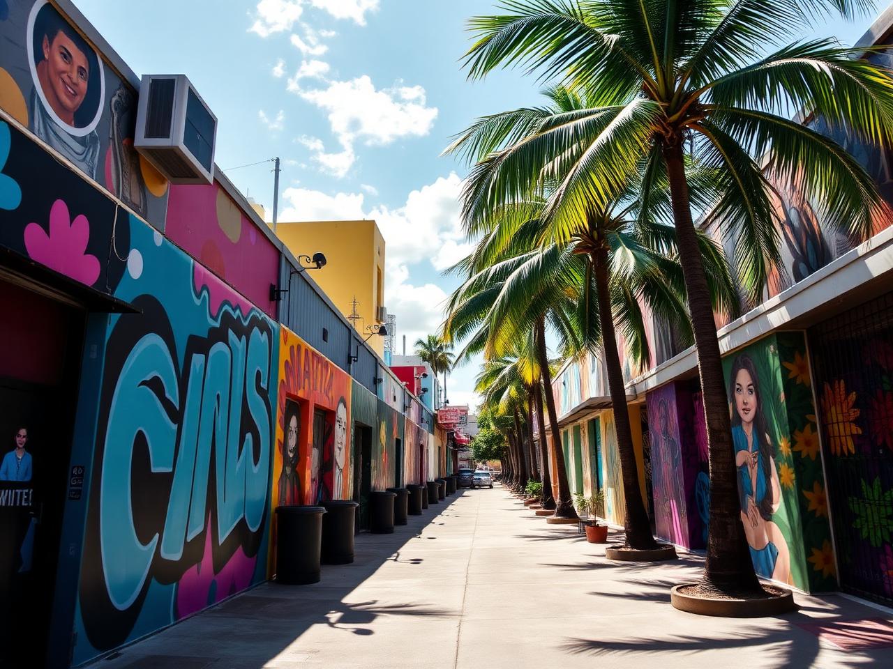 Colorful Wynwood Walls street art district in Miami with vibrant murals and palm trees