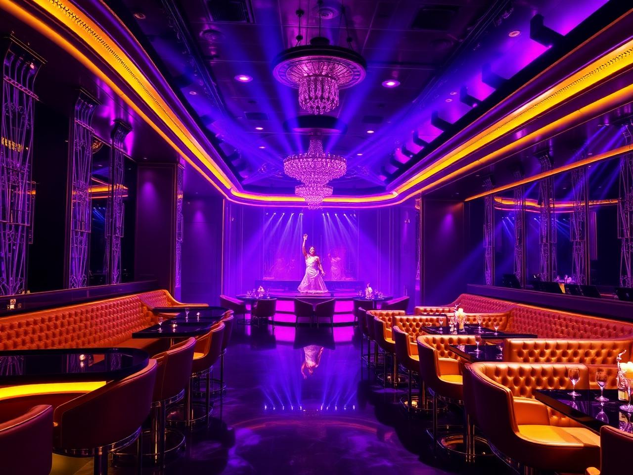 Opulent Miami ultra-club interior with theatrical purple and gold lighting, performers on stage and elevated VIP booths