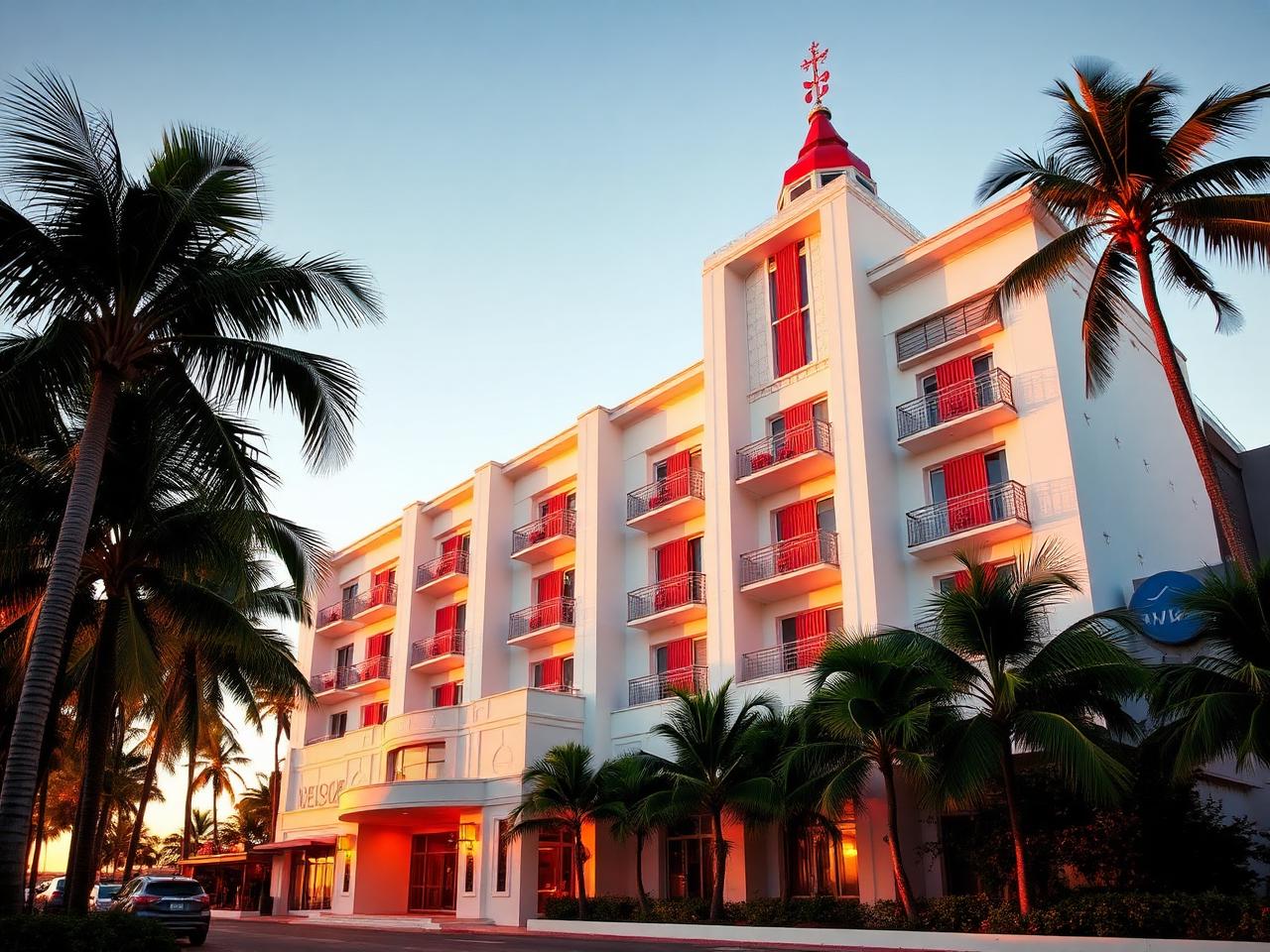 Iconic white art deco Miami Beach hotel exterior with red accents, palm trees and warm sunset light