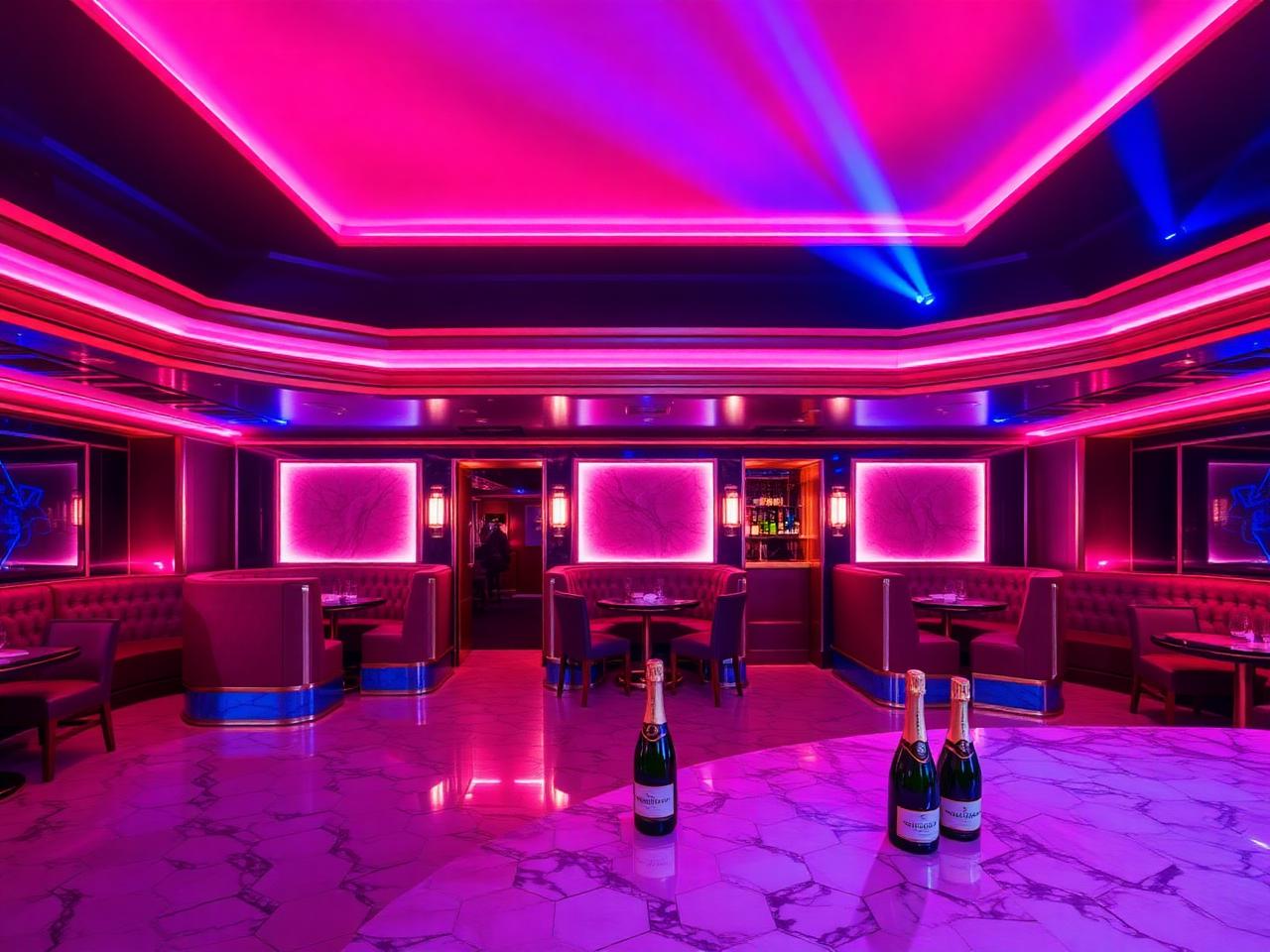 Glamorous Miami nightclub interior with elevated VIP booths, dramatic pink and blue lighting and champagne