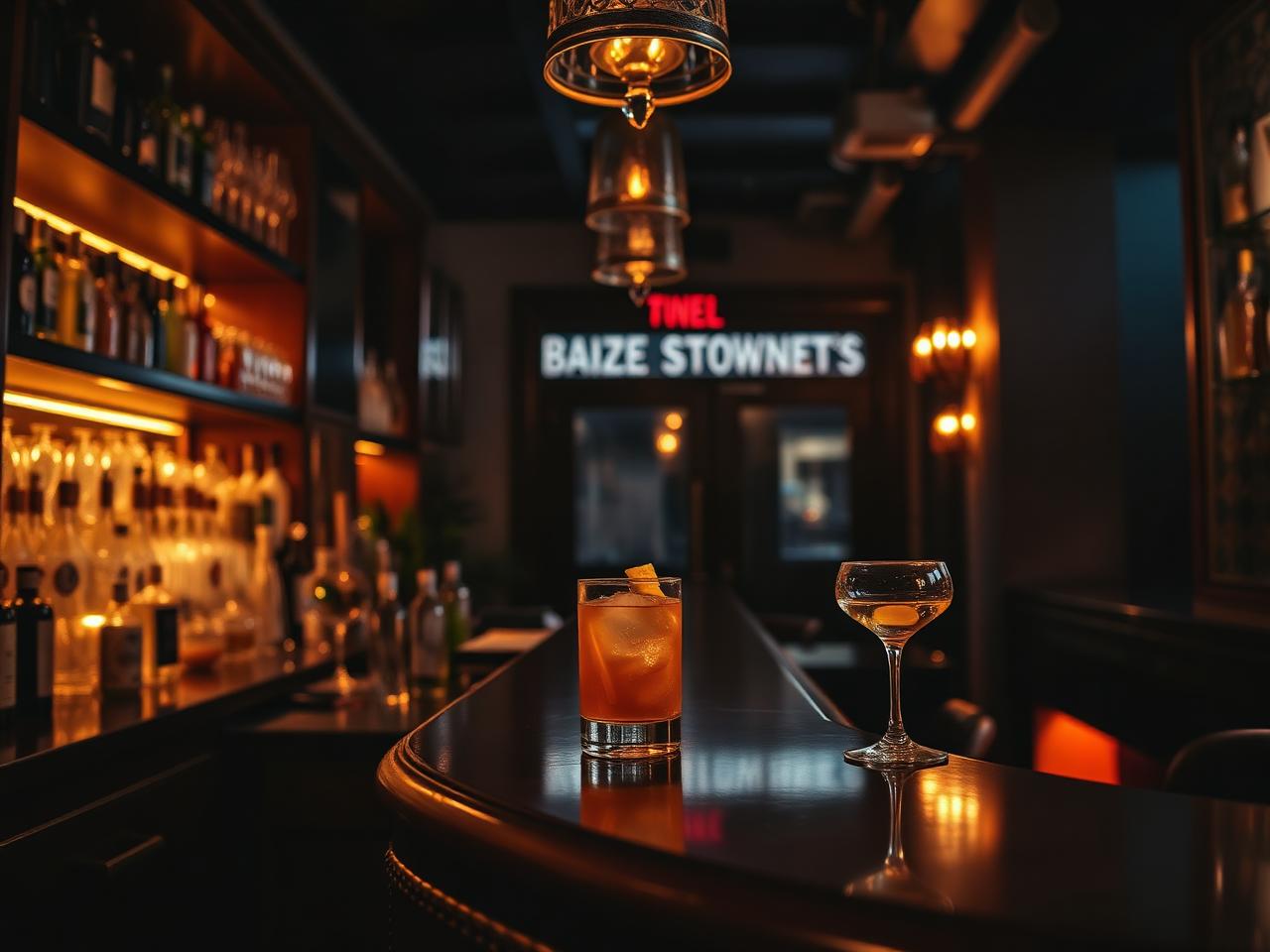 Dim sophisticated Miami cocktail bar with vintage glassware, dark wood and a single mixed drink on the counter