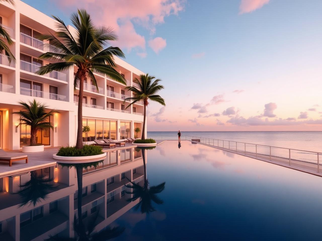 The serene minimalist façade of The Setai with reflecting pools and the Atlantic at sunset