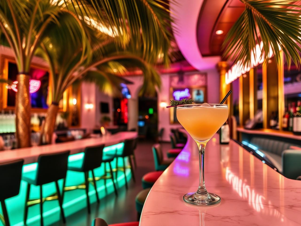 Tropical Miami cocktail bar with palm fronds, marble counter and a pale daiquiri in a coupe