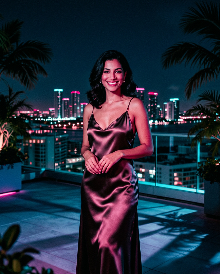 Elegant local Miami woman in silk dress on a Brickell penthouse terrace at sunset, glowing skyline behind