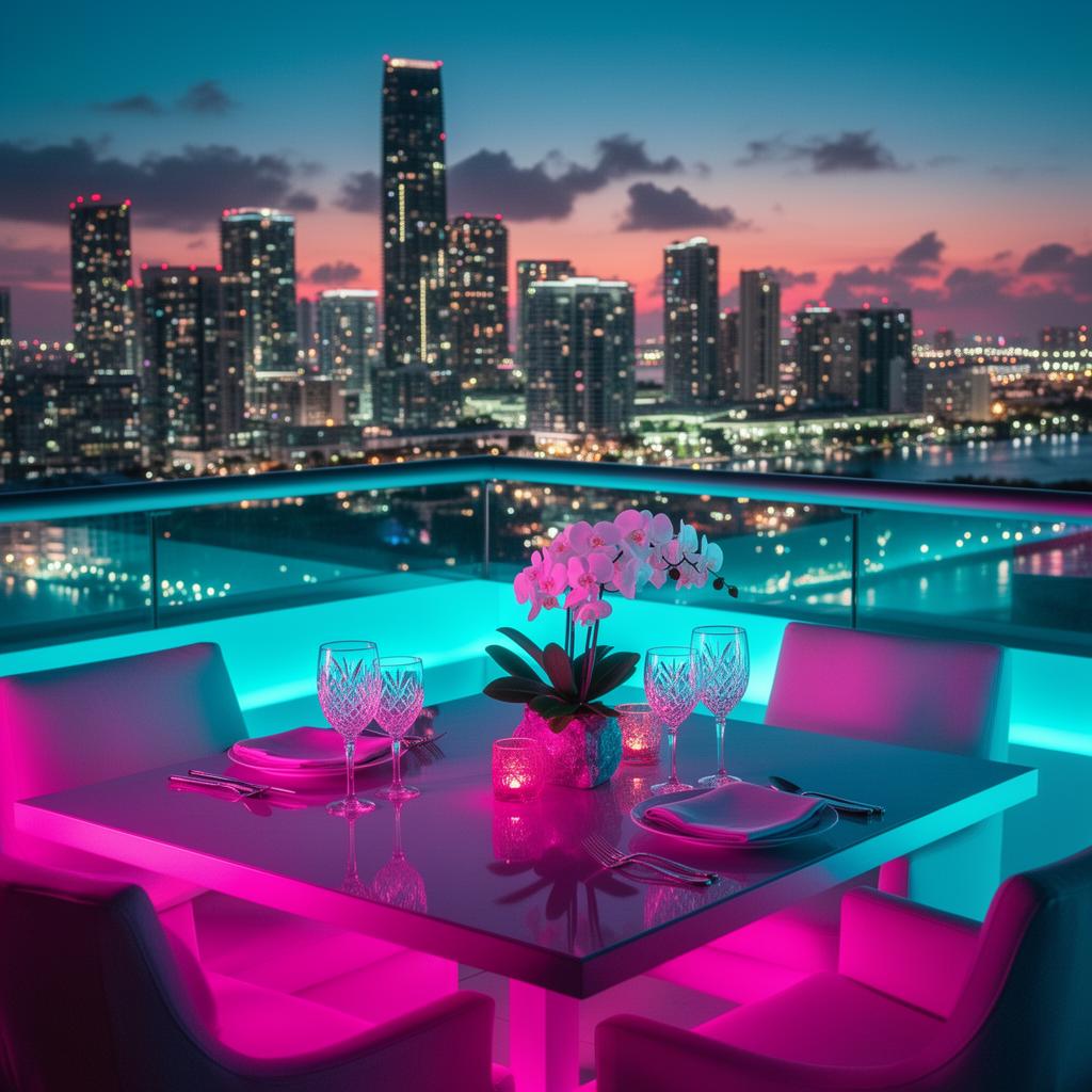 Elegant rooftop dinner table for two overlooking the glowing Brickell Miami skyline at night