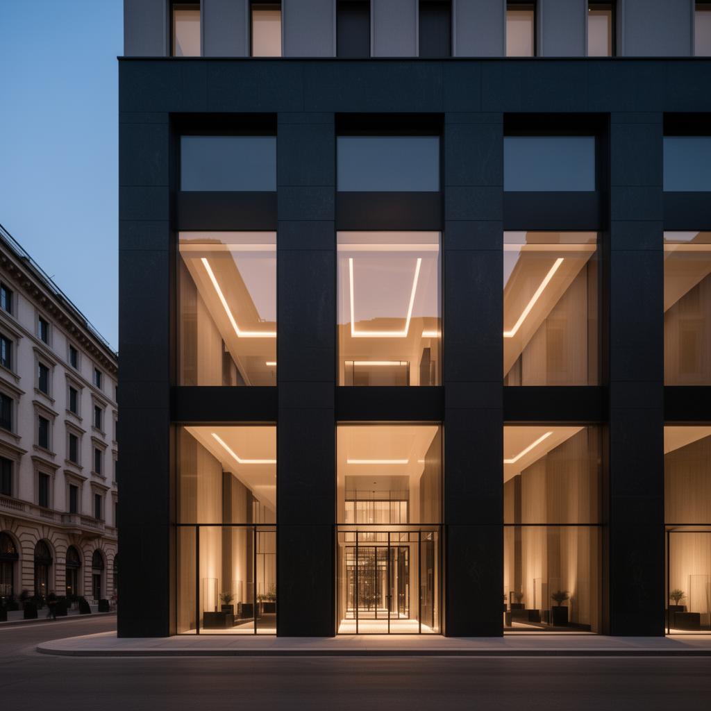 Armani Hotel Milano refined contemporary minimalist luxury hotel facade illuminated at dusk with sleek dark stone and large warm glowing windows on Via Manzoni
