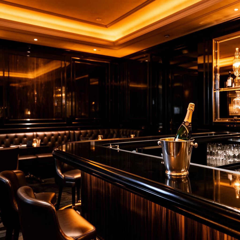 Armani Privé Milan refined upscale private members nightclub interior with dramatic warm amber lighting, sleek black lacquer surfaces, dark wood, polished bar and leather banquettes