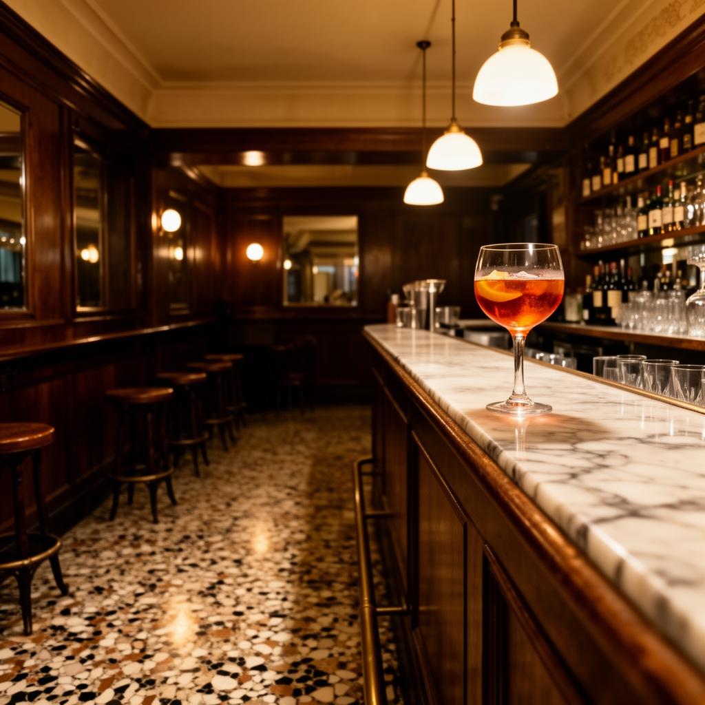 Bar Basso Milan iconic mid-century cocktail bar interior with terrazzo floor, dark wood, vintage glassware, marble counter and a Negroni Sbagliato in an oversized goblet